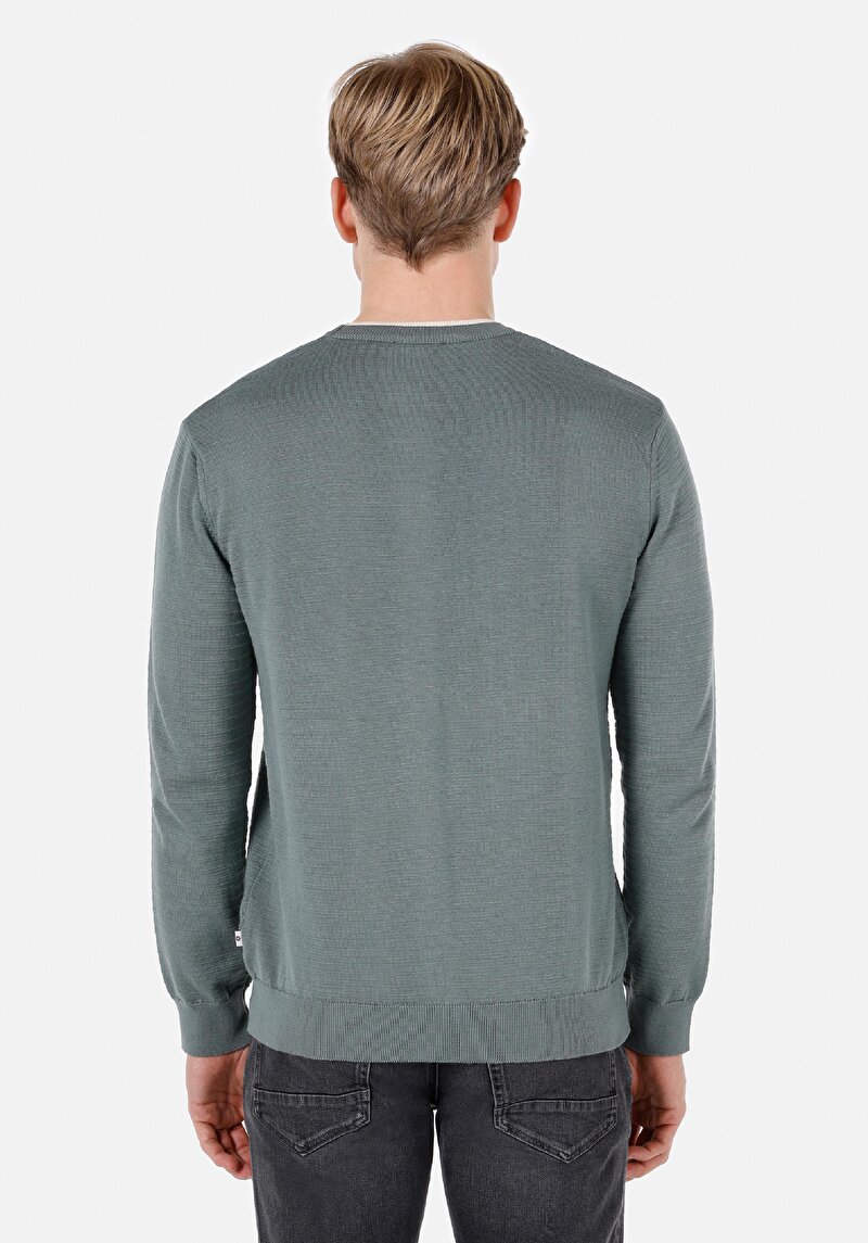 Regular Fit Yuvarlak Yaka Jakarlı Erkek Yeşil Kazak