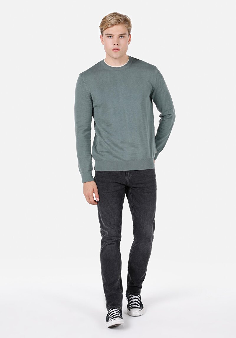 Regular Fit Yuvarlak Yaka Jakarlı Erkek Yeşil Kazak