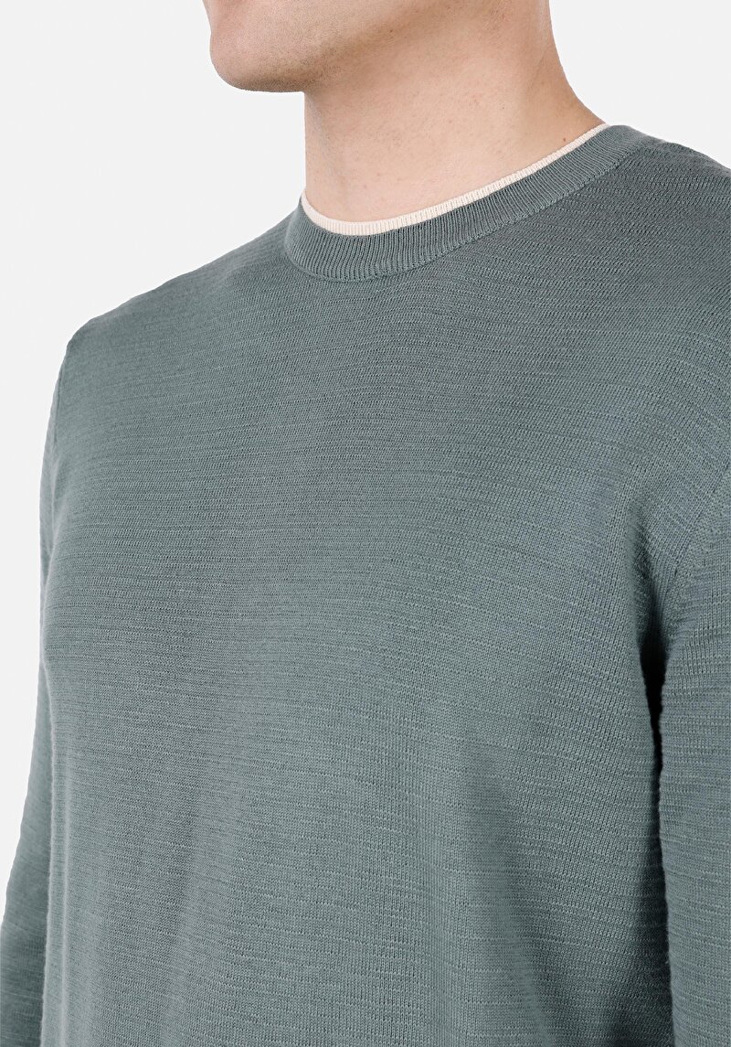 Regular Fit Yuvarlak Yaka Jakarlı Erkek Yeşil Kazak