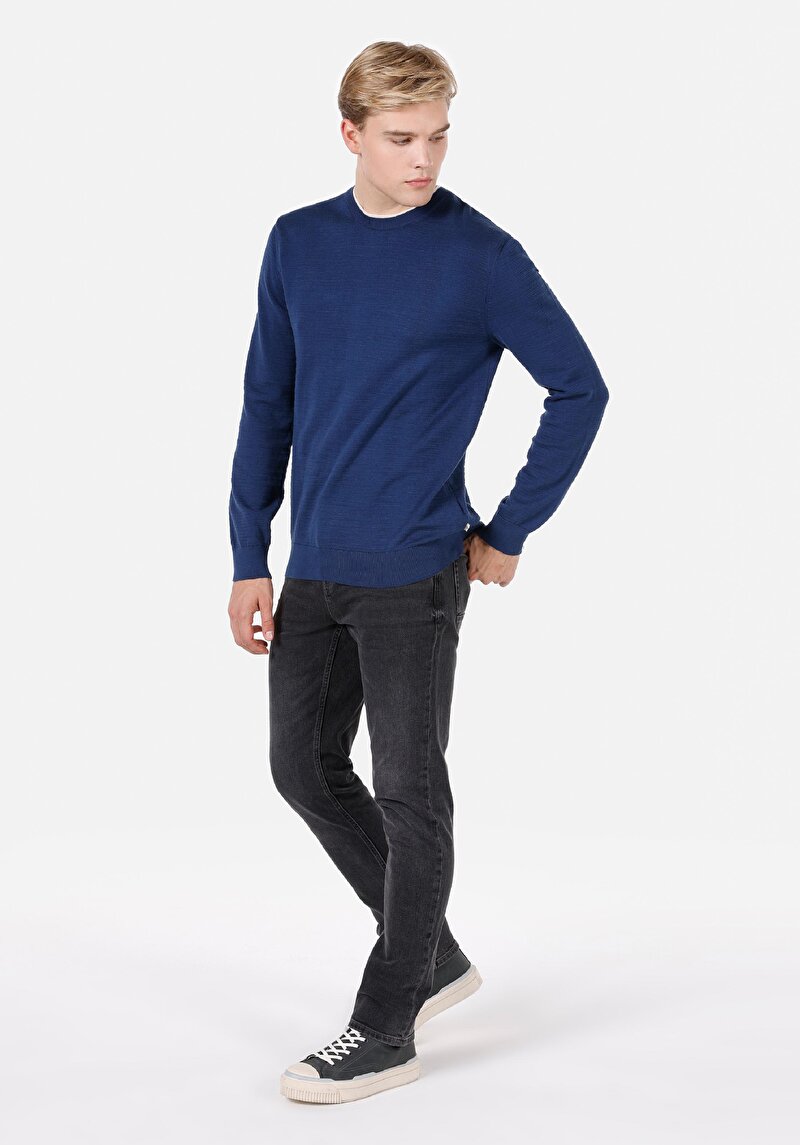 Regular Fit Yuvarlak Yaka Jakarlı Erkek Lacivert Kazak