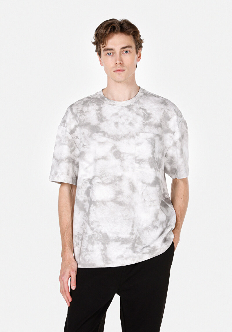 Oversize Fit Yuvarlak Yaka Baskılı Erkek Gri Kısa Kol Tişört