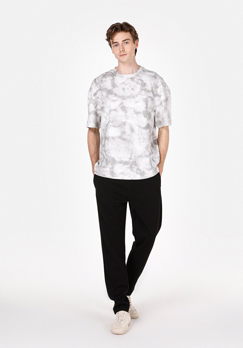 Oversize Fit Yuvarlak Yaka Baskılı Erkek Gri Kısa Kol Tişört