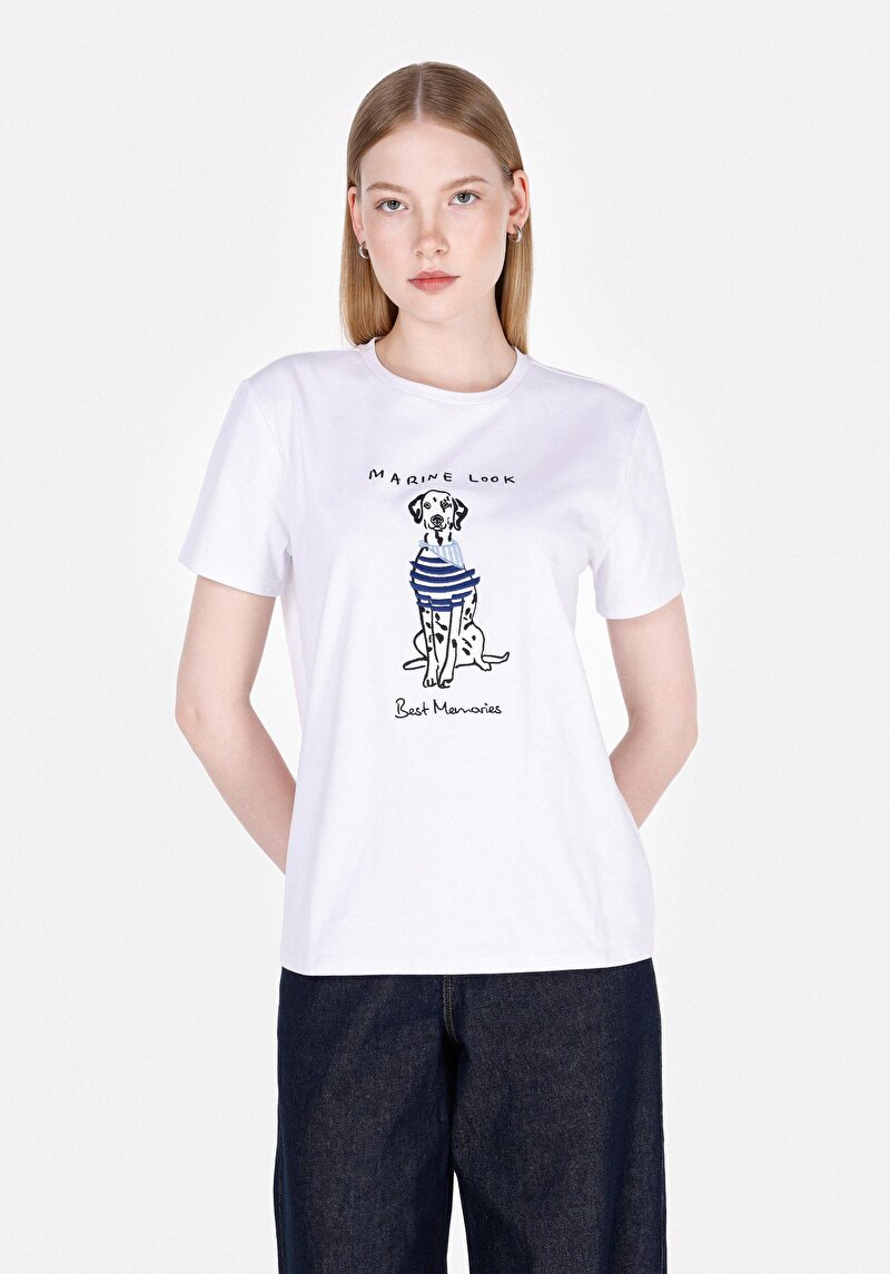 Regular Fit Yuvarlak Yaka Baskılı Kadın Beyaz Kısa Kol Tişört