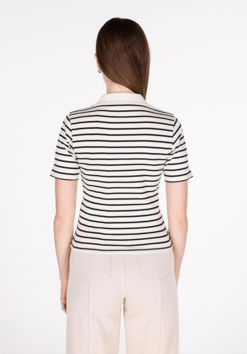Slim Fit Polo Yaka Çizgili Kadın Siyah Kısa Kol Tişört