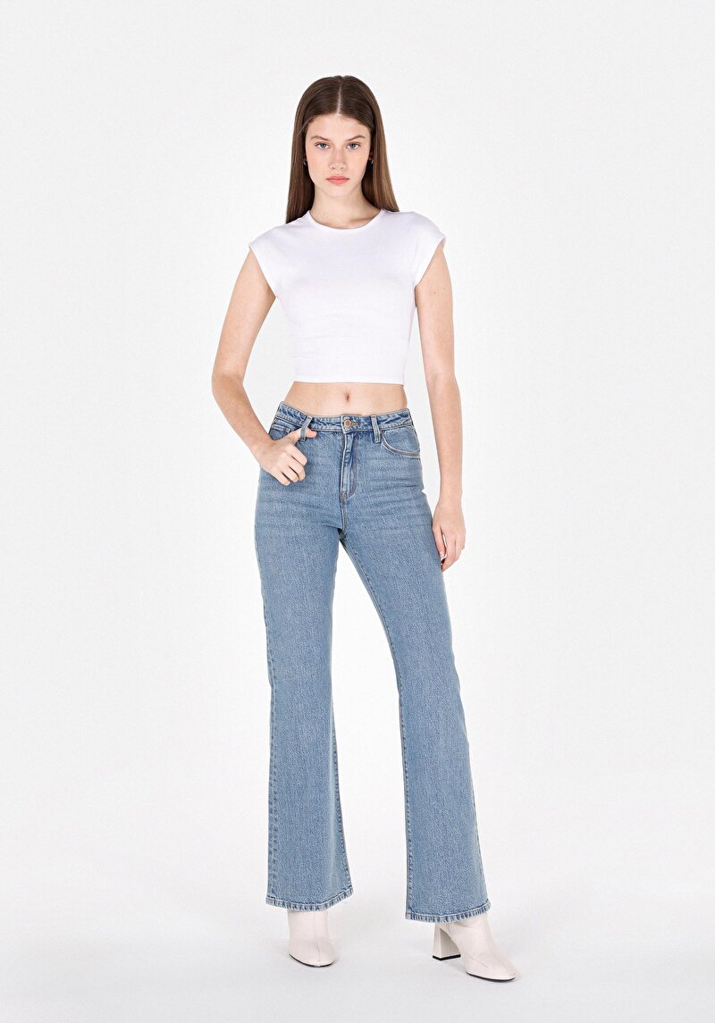 Regular Fit Orta Bel Geniş Paça Kadın Yeşil Jean Pantolon