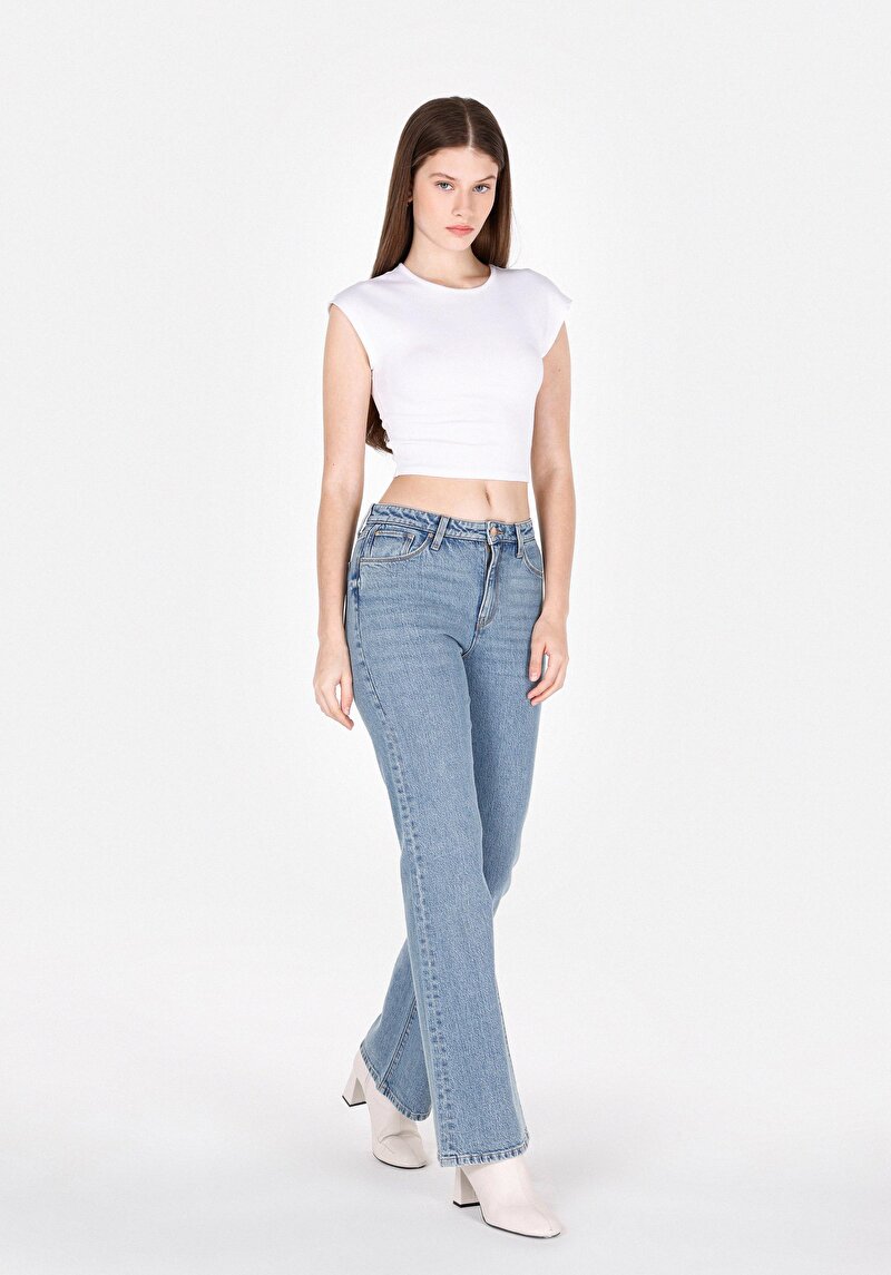 Regular Fit Orta Bel Geniş Paça Kadın Yeşil Jean Pantolon