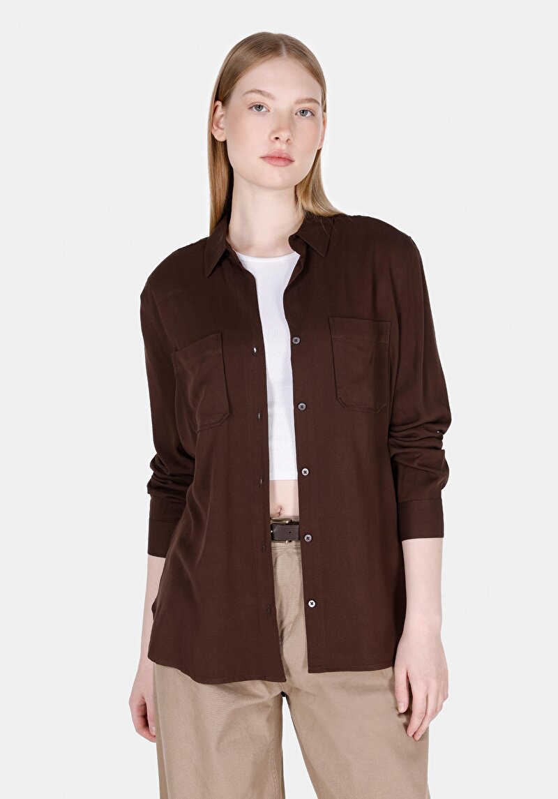 Regular Fit Shirt Neck Düz Kadın Kahverengi Roll-up Gömlek