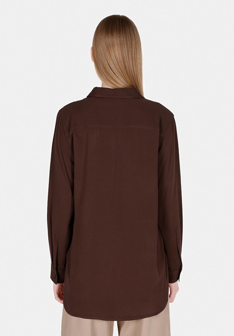 Regular Fit Shirt Neck Düz Kadın Kahverengi Roll-up Gömlek