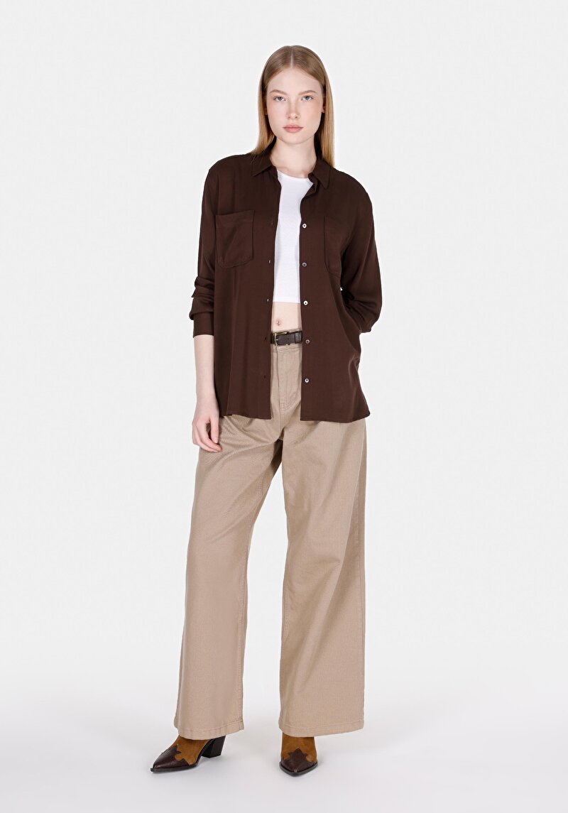 Regular Fit Shirt Neck Düz Kadın Kahverengi Roll-up Gömlek