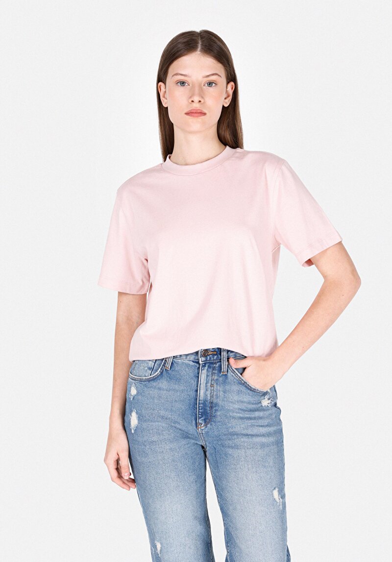 Regular Fit Yuvarlak Yaka Düz Kadın Pembe Kısa Kol Tişört