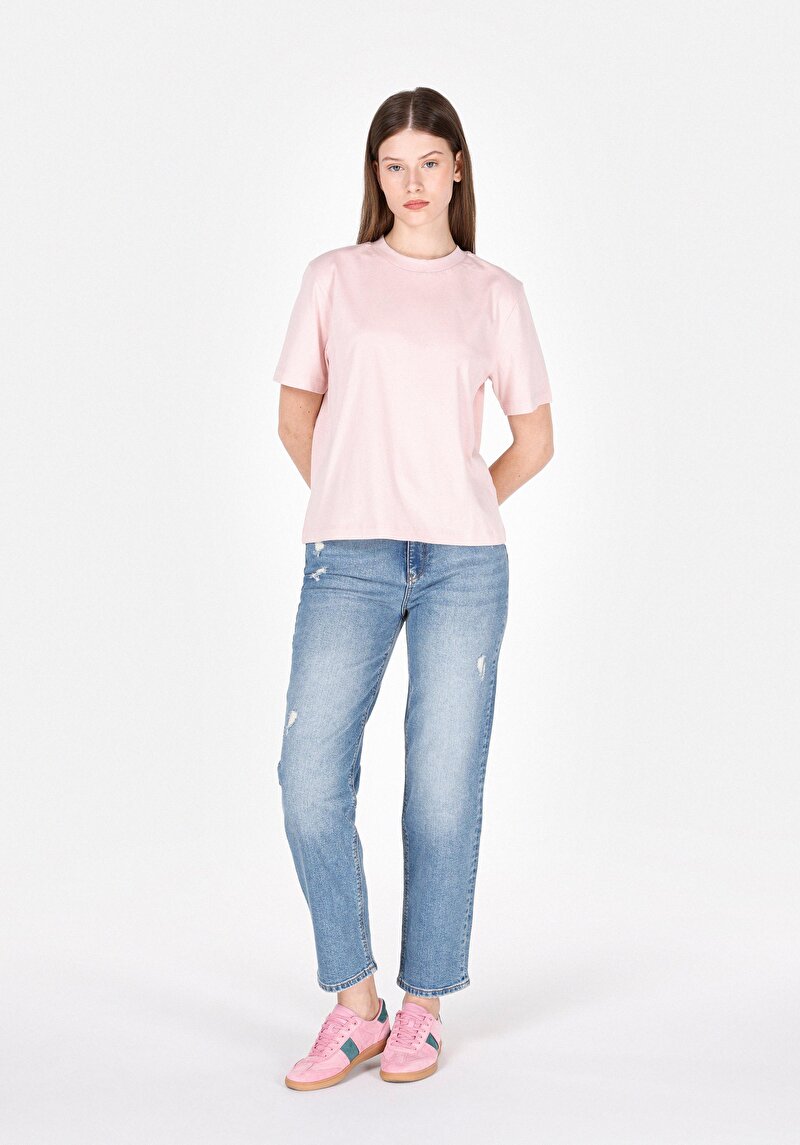 Regular Fit Yuvarlak Yaka Düz Kadın Pembe Kısa Kol Tişört