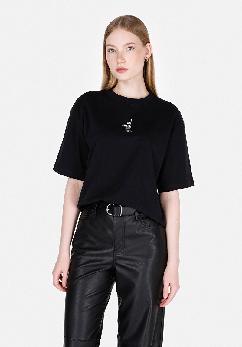 Regular Fit Yuvarlak Yaka Baskılı Kadın Siyah Kısa Kol Tişört