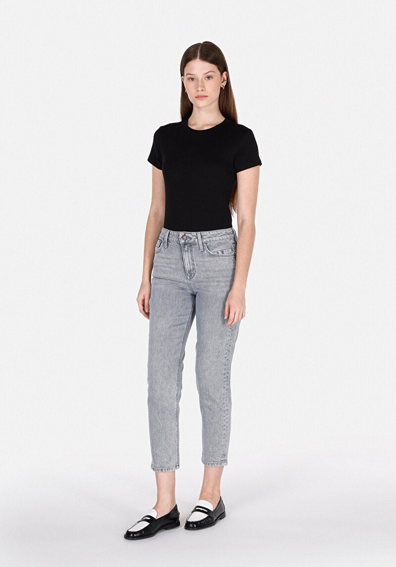 Mom Fit Kadın Gri Jean Pantolon