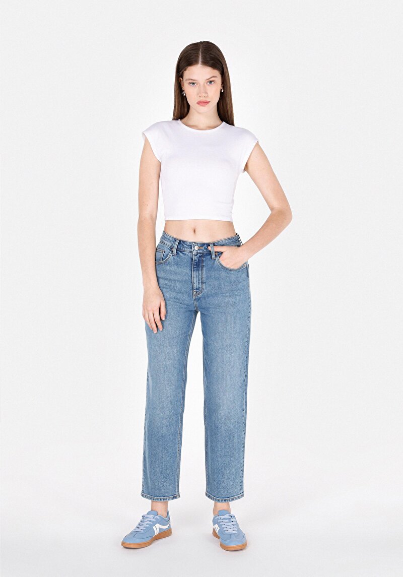 Straight Fit Kadın Light İndigo Denim Jean Fermuarlı Pantolon