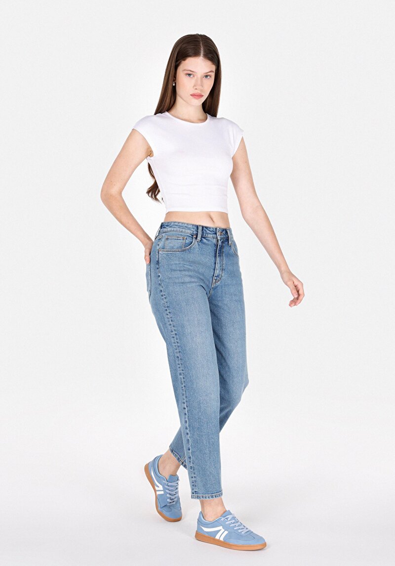 Straight Fit Kadın Light İndigo Denim Jean Fermuarlı Pantolon