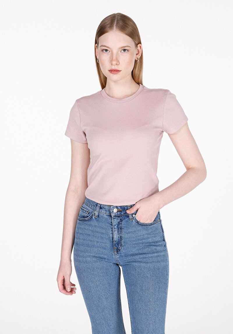 Slim Fit Yuvarlak Yaka Düz Kadın Pembe Kısa Kol Tişört