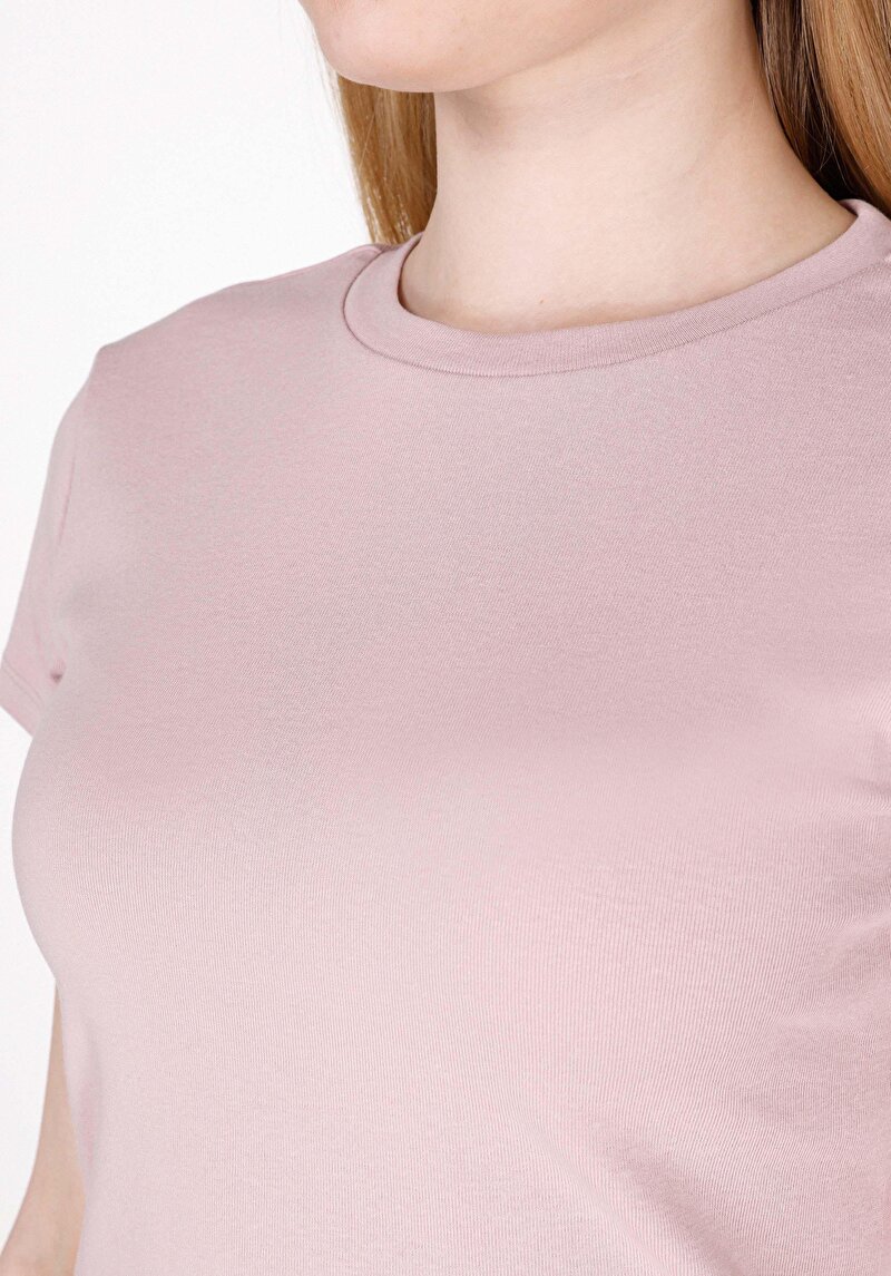 Slim Fit Yuvarlak Yaka Düz Kadın Pembe Kısa Kol Tişört