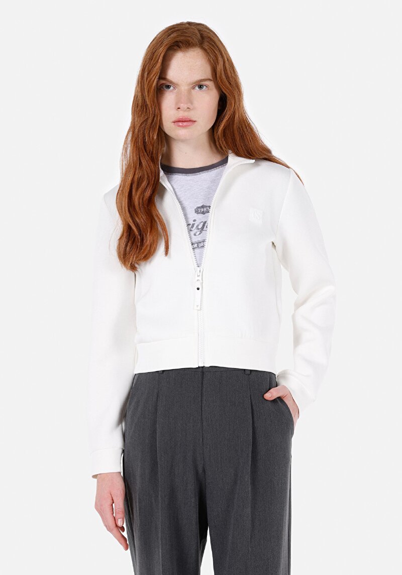 Slim Fit Fermuarlı Düz Kadın Beyaz Sweatshirt