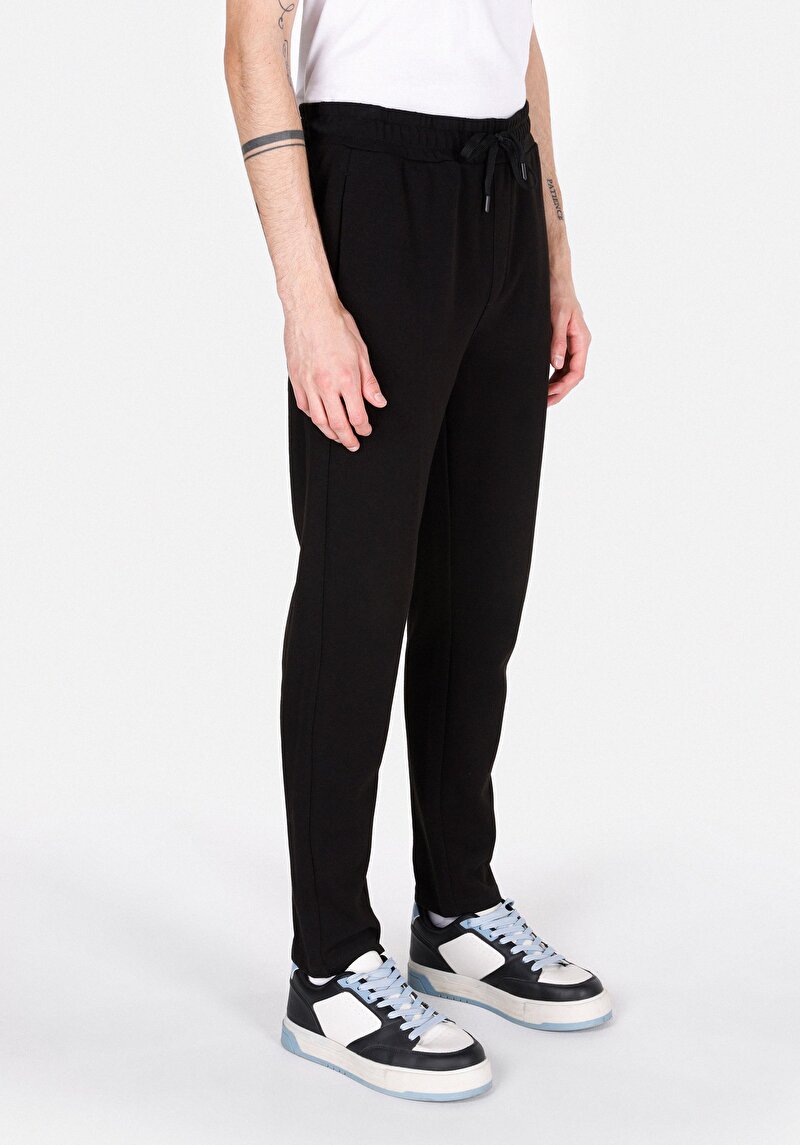 Slim Fit Orta Bel Düz Erkek Siyah Eşofman Altı
