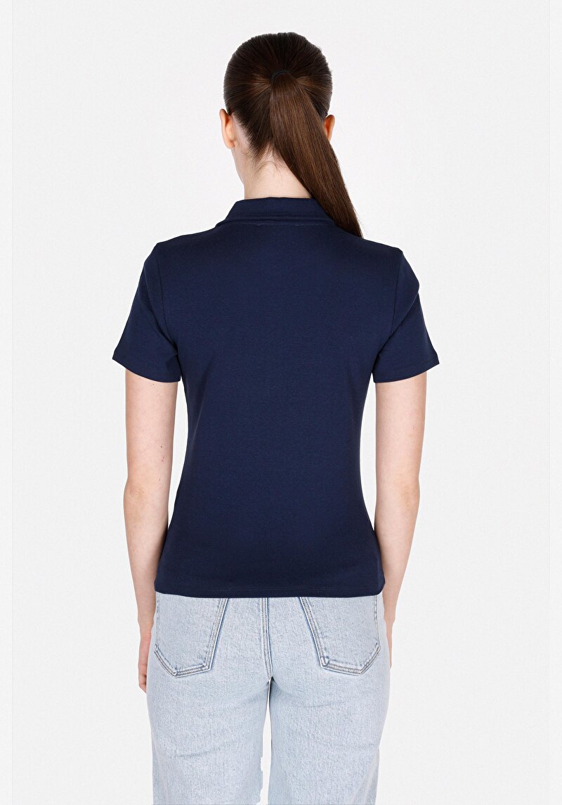 Slim Fit Polo Yaka Düz Kadın Lacivert Kısa Kol Tişört