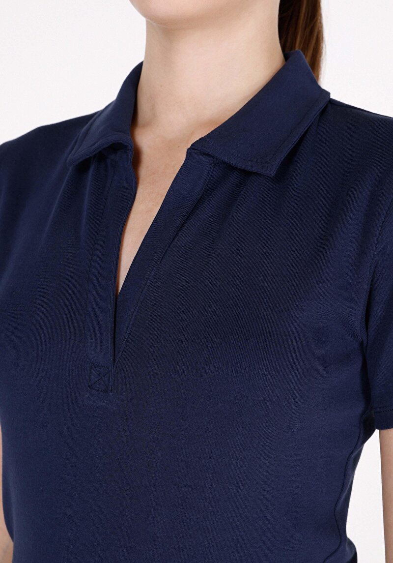 Slim Fit Polo Yaka Düz Kadın Lacivert Kısa Kol Tişört