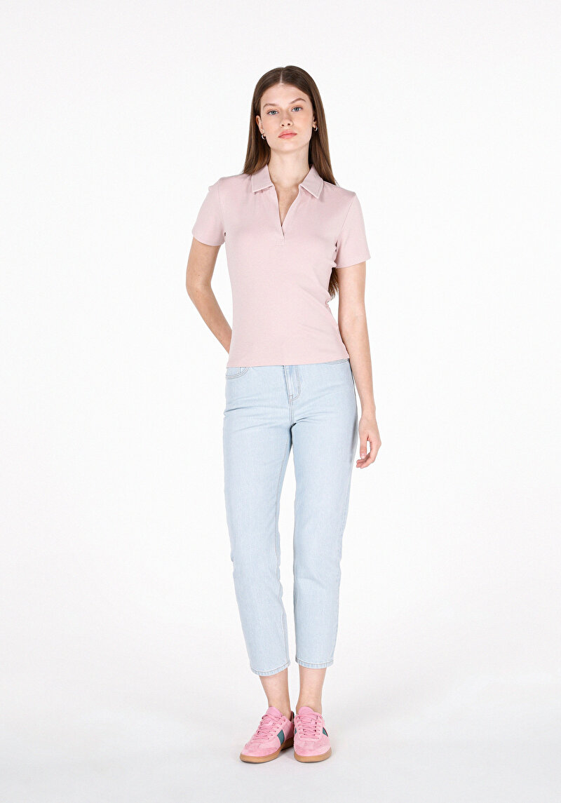 Slim Fit Polo Yaka Düz Kadın Pembe Kısa Kol Tişört