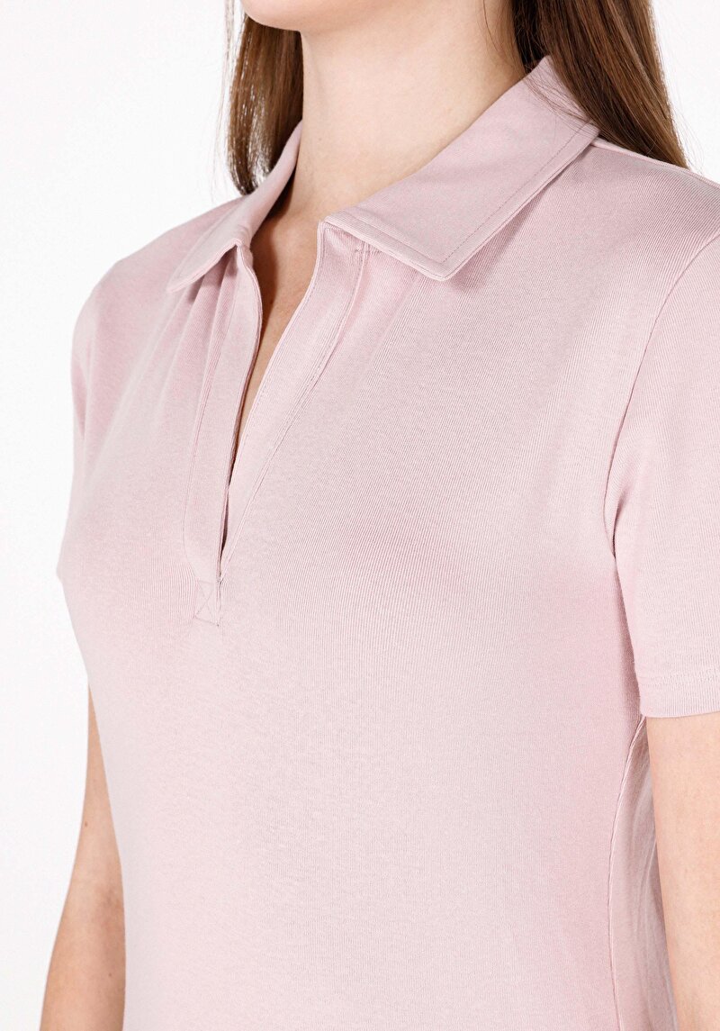 Slim Fit Polo Yaka Düz Kadın Pembe Kısa Kol Tişört