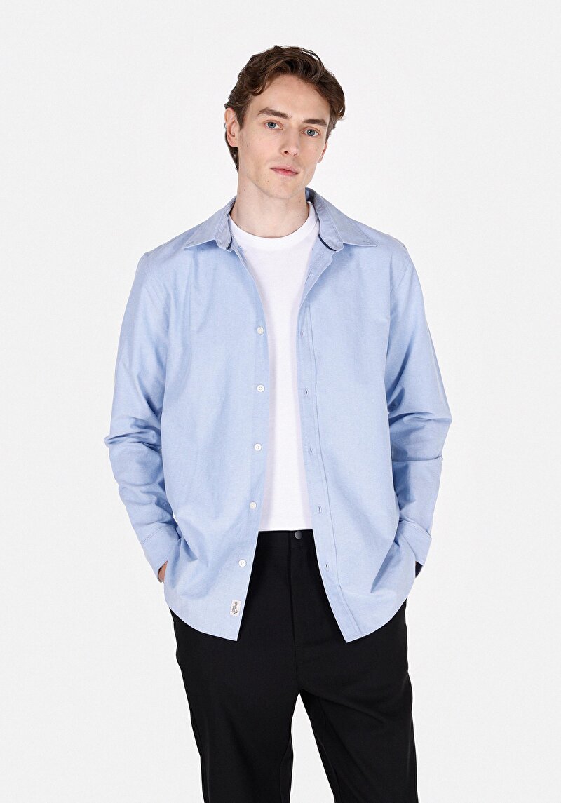 Regular Fit Shirt Neck Pamuklu Cepsiz Düz Erkek Mavi Uzun Kol Gömlek