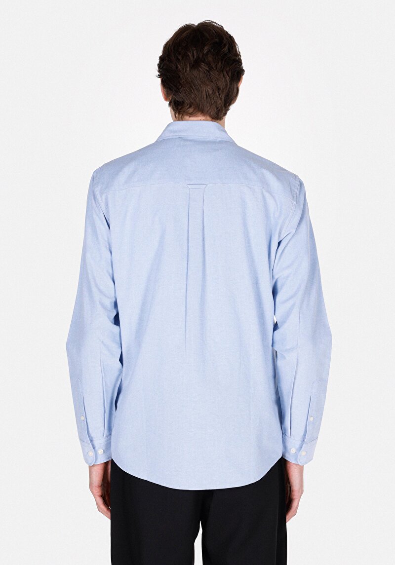 Regular Fit Shirt Neck Pamuklu Cepsiz Düz Erkek Mavi Uzun Kol Gömlek