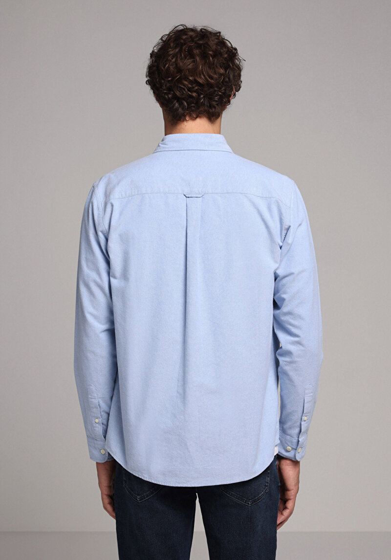 Regular Fit Shirt Neck Pamuklu Cepsiz Düz Erkek Mavi Uzun Kol Gömlek