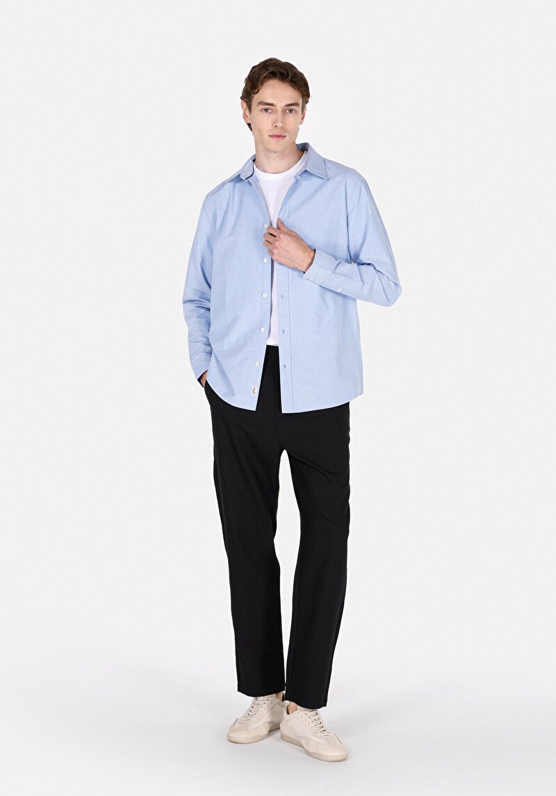 Regular Fit Shirt Neck Pamuklu Cepsiz Düz Erkek Mavi Uzun Kol Gömlek