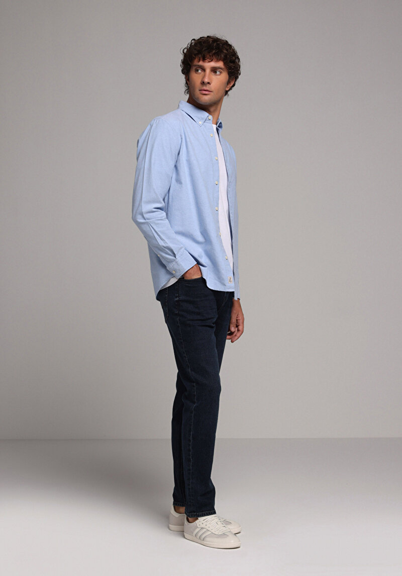 Regular Fit Shirt Neck Pamuklu Cepsiz Düz Erkek Mavi Uzun Kol Gömlek