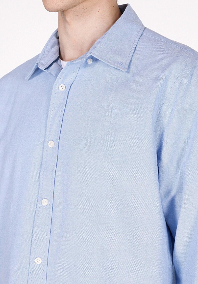 Regular Fit Shirt Neck Pamuklu Cepsiz Düz Erkek Mavi Uzun Kol Gömlek