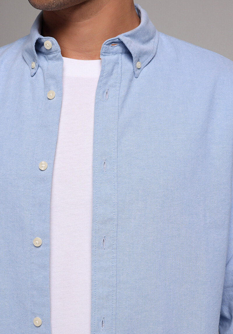 Regular Fit Shirt Neck Pamuklu Cepsiz Düz Erkek Mavi Uzun Kol Gömlek