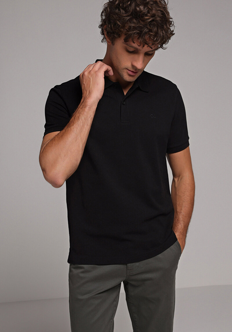 Regular Fit Polo Yaka Düz Pamuklu Erkek Siyah Kısa Kol Tişört