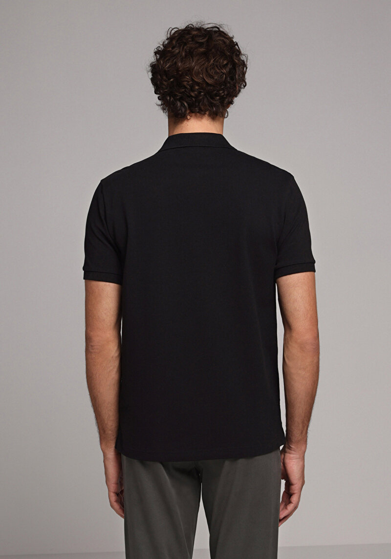 Regular Fit Polo Yaka Düz Pamuklu Erkek Siyah Kısa Kol Tişört