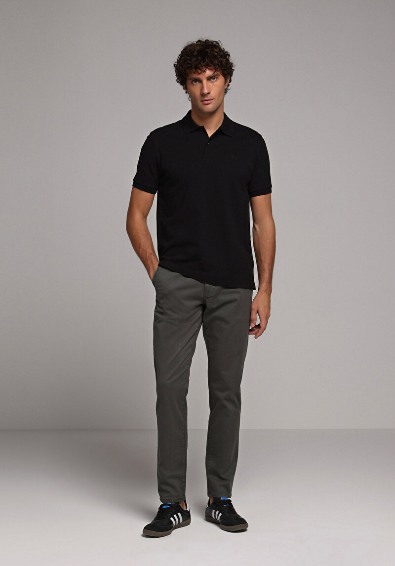 Regular Fit Polo Yaka Düz Pamuklu Erkek Siyah Kısa Kol Tişört