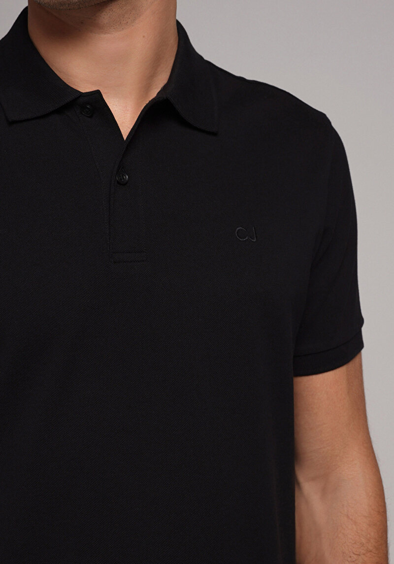 Regular Fit Polo Yaka Düz Pamuklu Erkek Siyah Kısa Kol Tişört