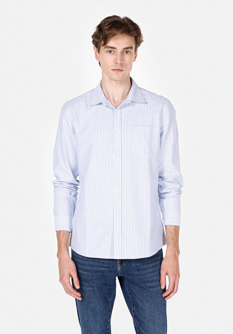 Slim Fit Pamuklu Shirt Neck Çizgili Erkek Mavi Uzun Kol Gömlek