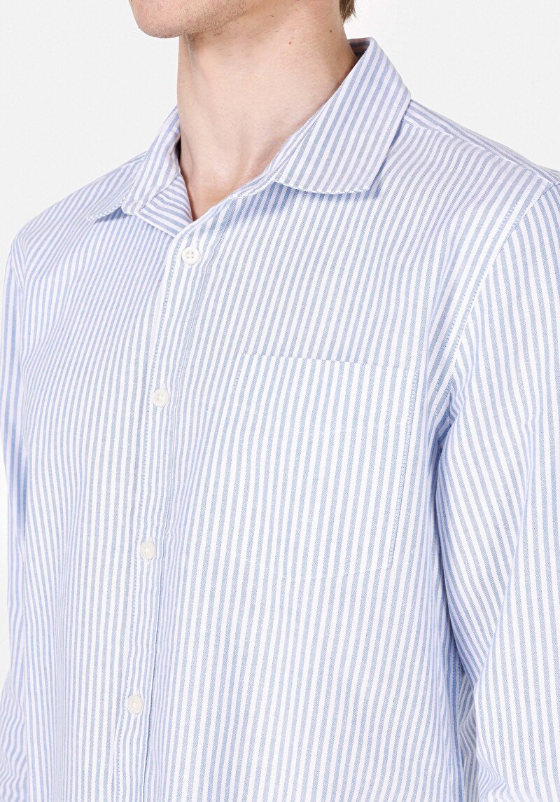 Slim Fit Pamuklu Shirt Neck Çizgili Erkek Mavi Uzun Kol Gömlek