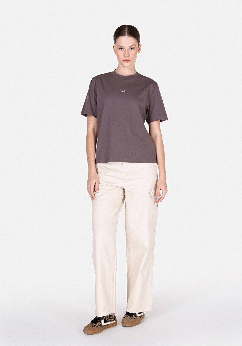 Regular Fit Yuvarlak Yaka Baskılı Kadın Antrasit Kısa Kol Tişört