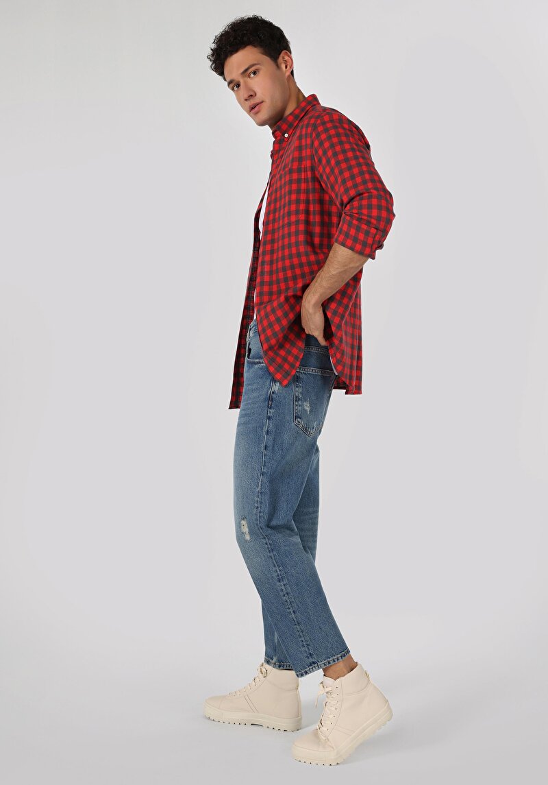 Loose Relaxed Fit Drop Crotch Kısa Paça Erkek İndigo Jean Pantolon