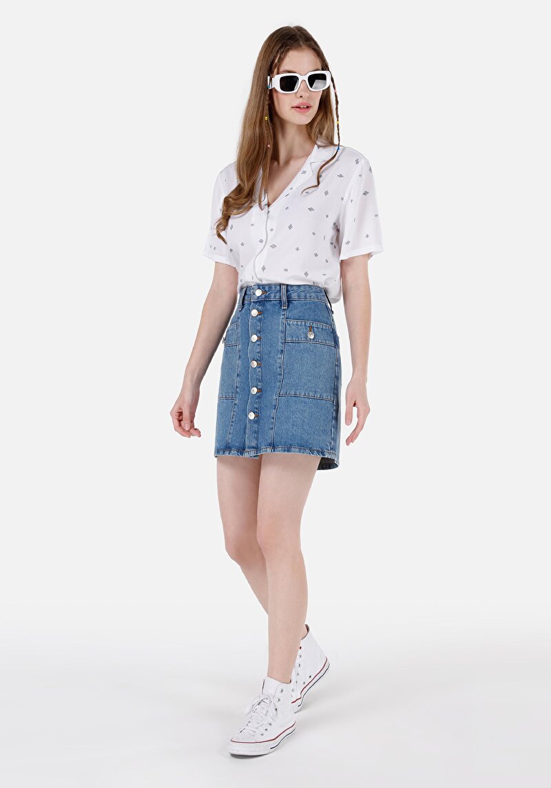 Slim Fit Düz Düğmeli Kadın Denim Etek