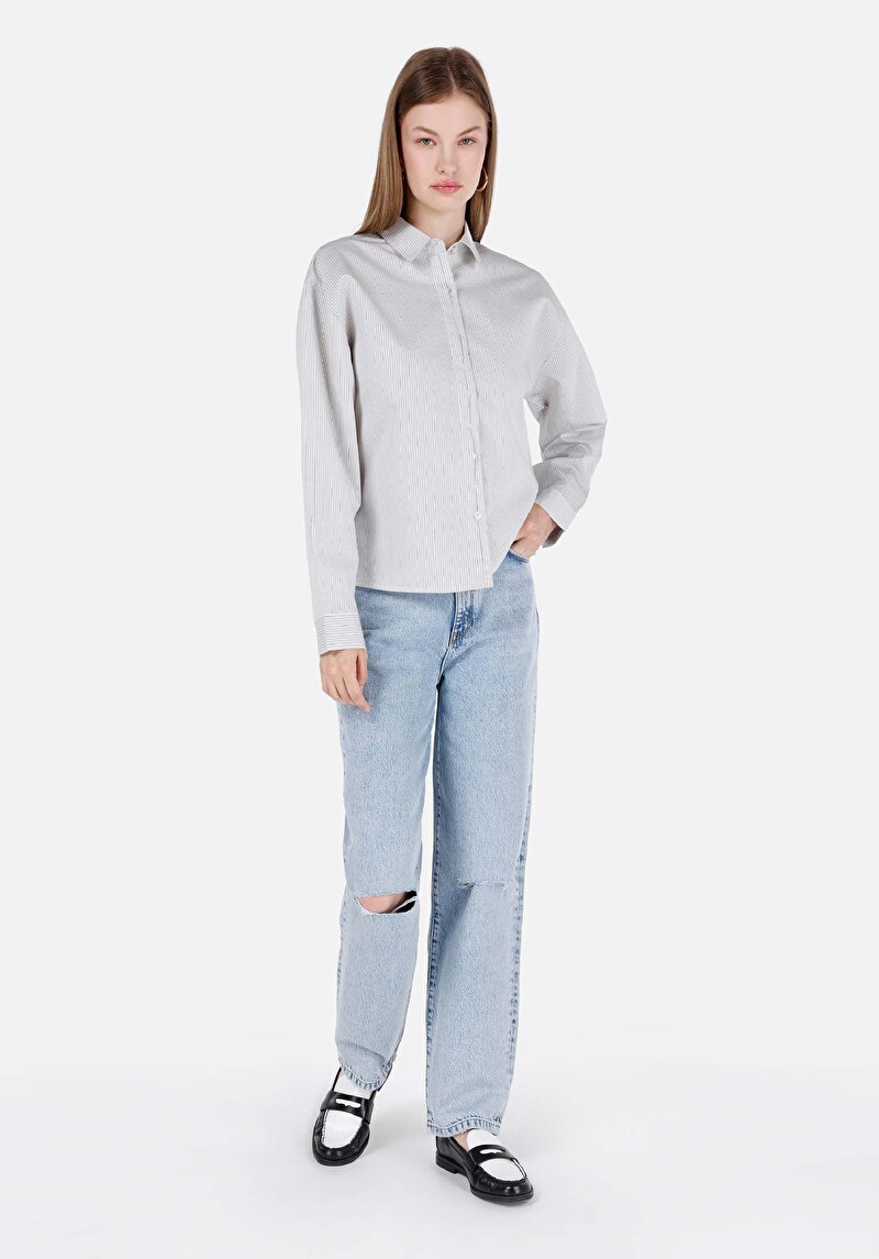 Regular Fit Çizgili Shirt Neck Düz Kadın Beyaz Uzun Kol Gömlek