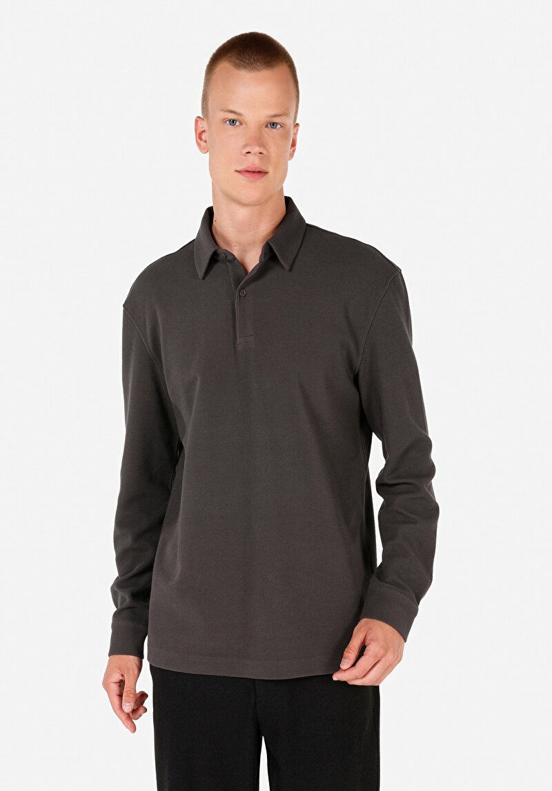 Regular Fit Polo Yaka Jakarlı Erkek Antrasit Uzun Kol Tişört