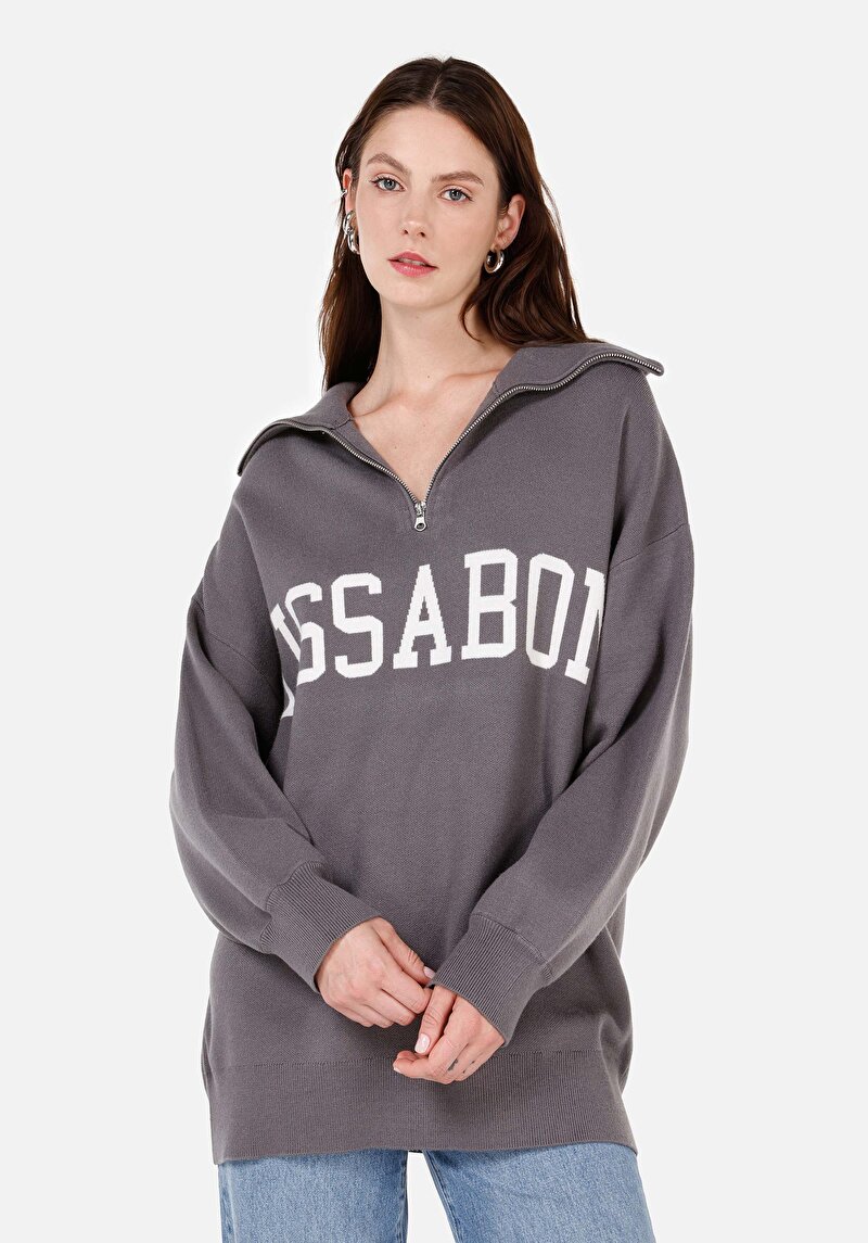 Comfort Fit Fermuarlı Kadın Gri Kazak