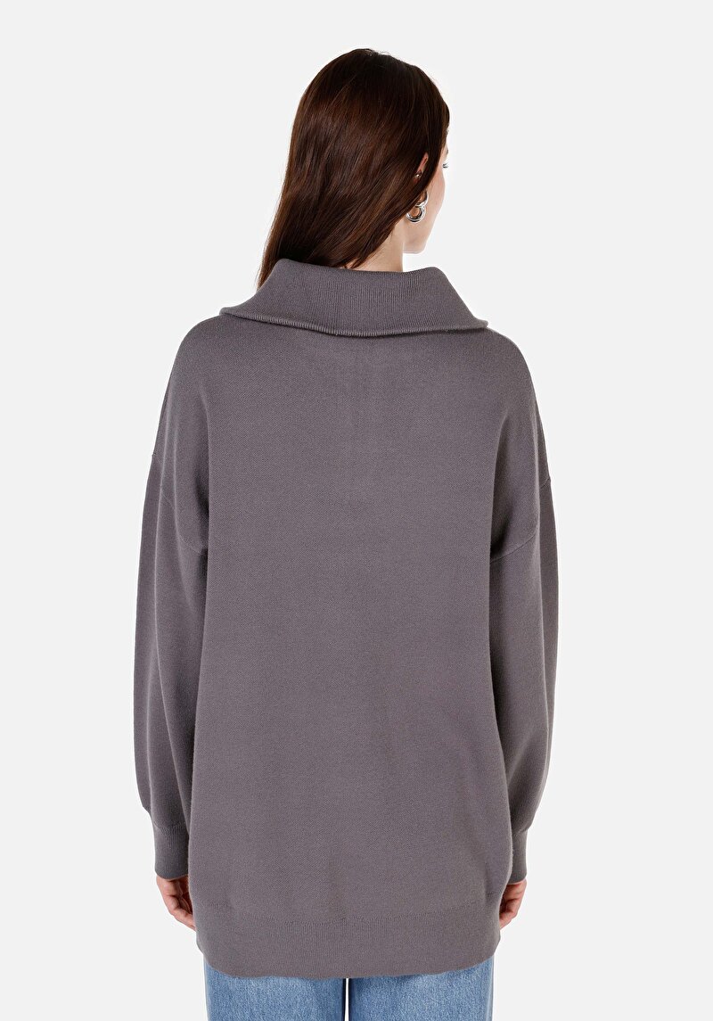 Comfort Fit Fermuarlı Kadın Gri Kazak
