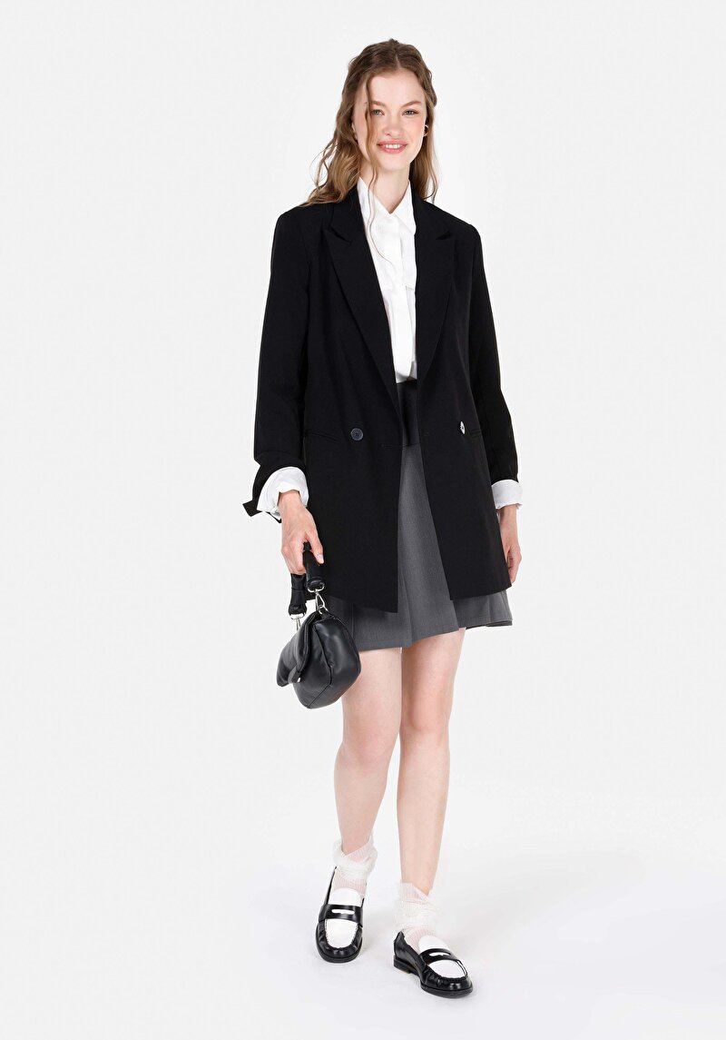 Mini Kadın Çift Tokalı Gri Etek