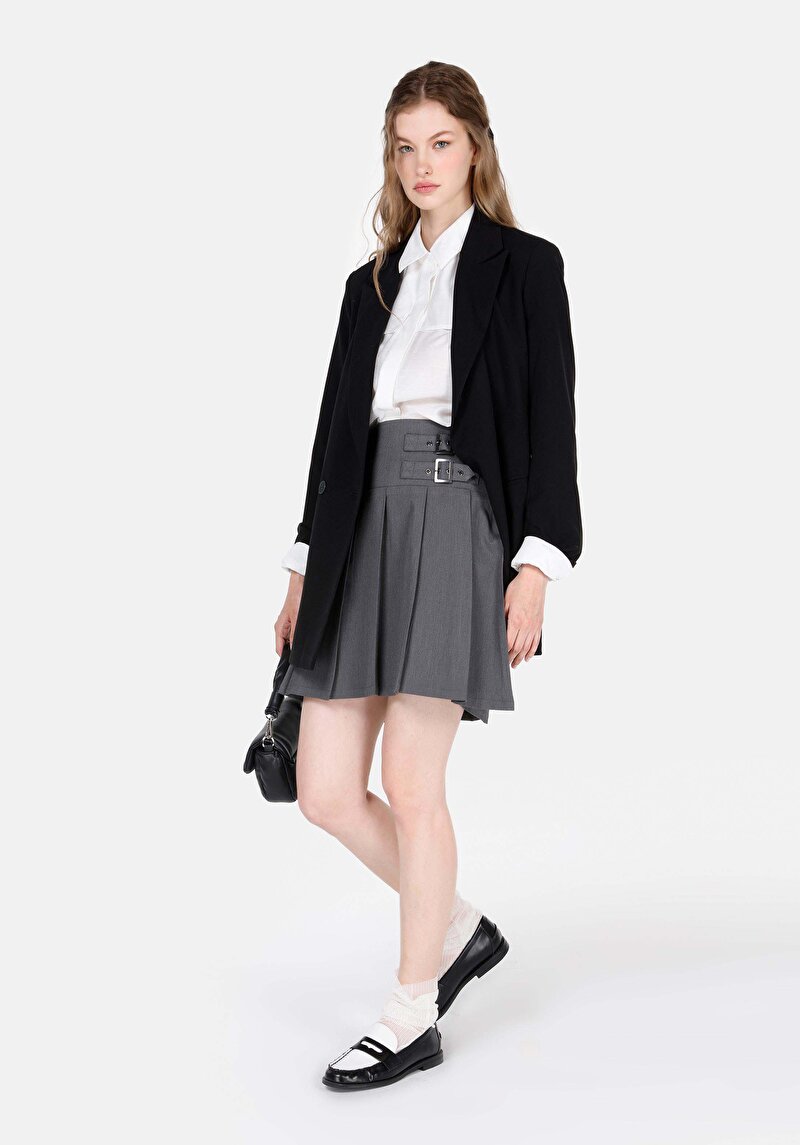 Mini Kadın Çift Tokalı Gri Etek