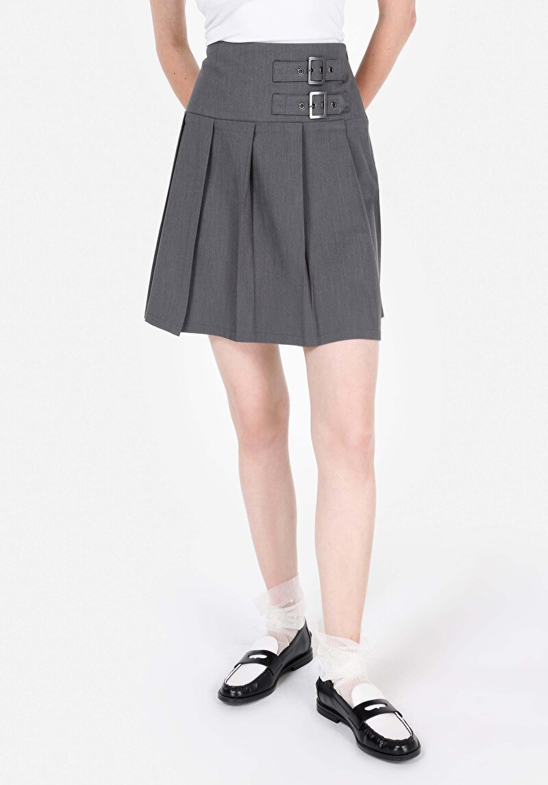 Mini Kadın Çift Tokalı Gri Etek